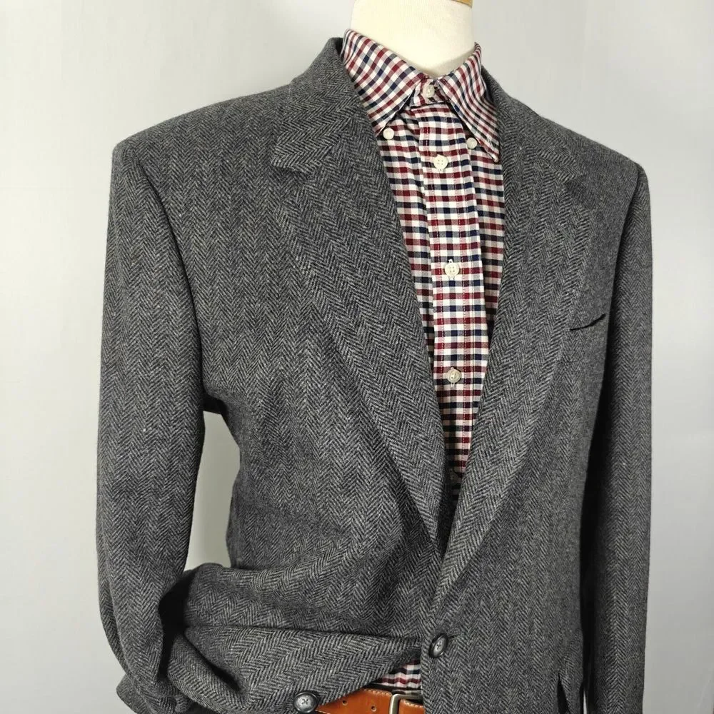 John Alexander‎ Hart Marx Men's Tweed Sport Coat Two Button Gray Herringbone 44L